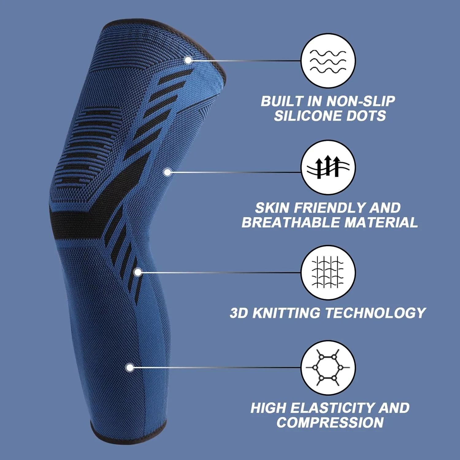 Leg Compression Sleeve 1 Pair Long Knee Braces for Women and Men Knee Support with Non Slip Silicone for Sports Running