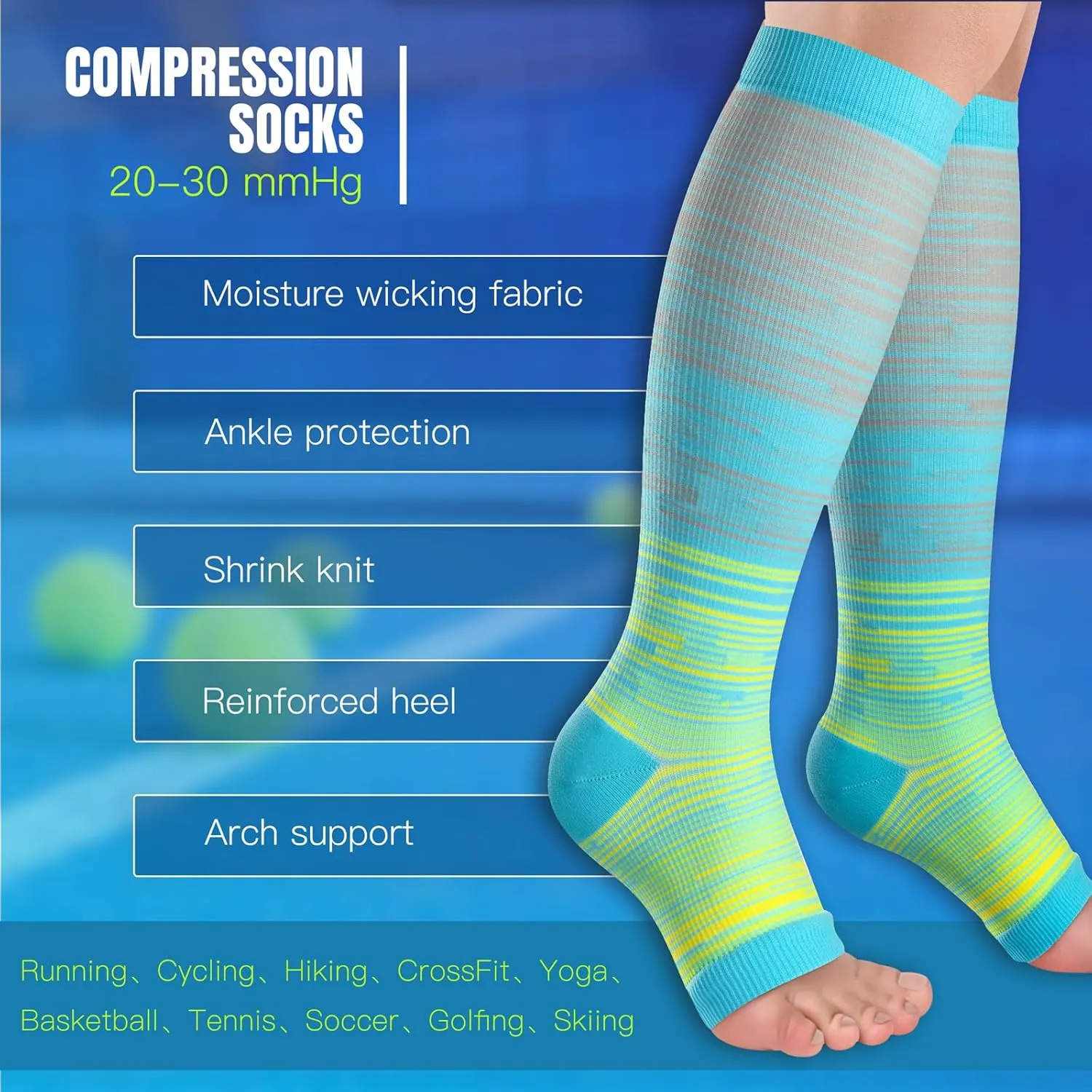 Open Toe Compression Socks Women & Men-3 Pairs 20-30 mmHg Knee High Stockings for Circulation Support