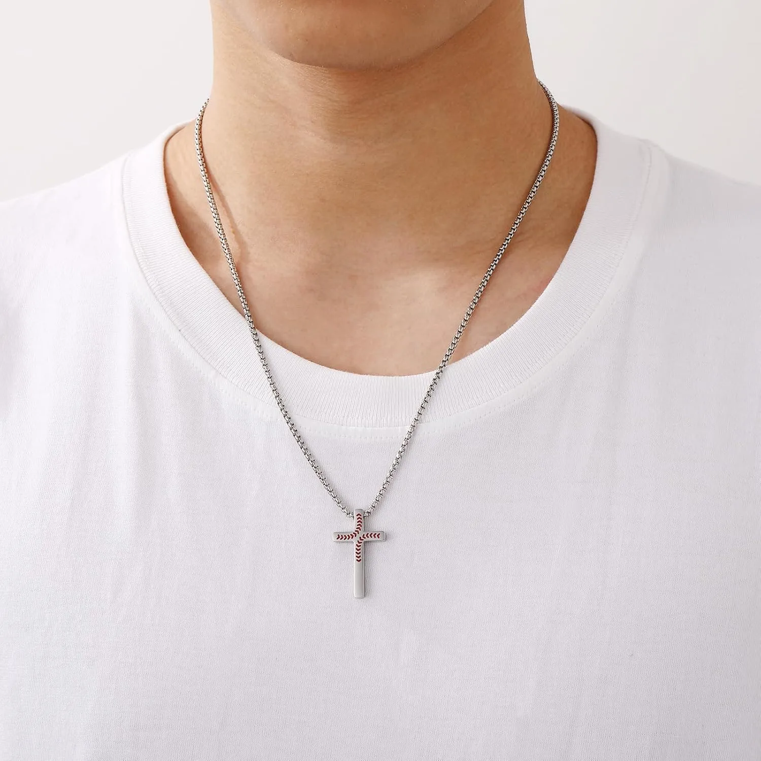 P. BLAKE Baseball Cross Necklace for Boys Men, Stainless Steel Cross Pendant Chain 16/18/20/22/24 Inches Baseball Accessories Valentines Day Christian Easter Birthday Jewelry Gifts