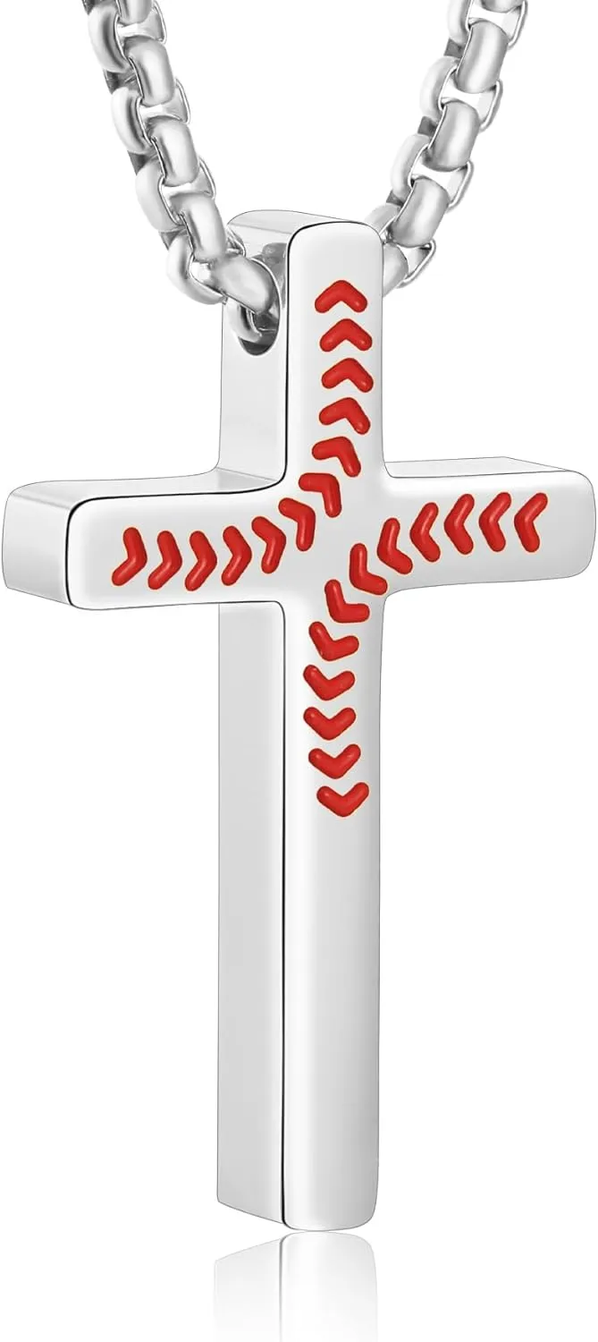 P. BLAKE Baseball Cross Necklace for Boys Men, Stainless Steel Cross Pendant Chain 16/18/20/22/24 Inches Baseball Accessories Valentines Day Christian Easter Birthday Jewelry Gifts