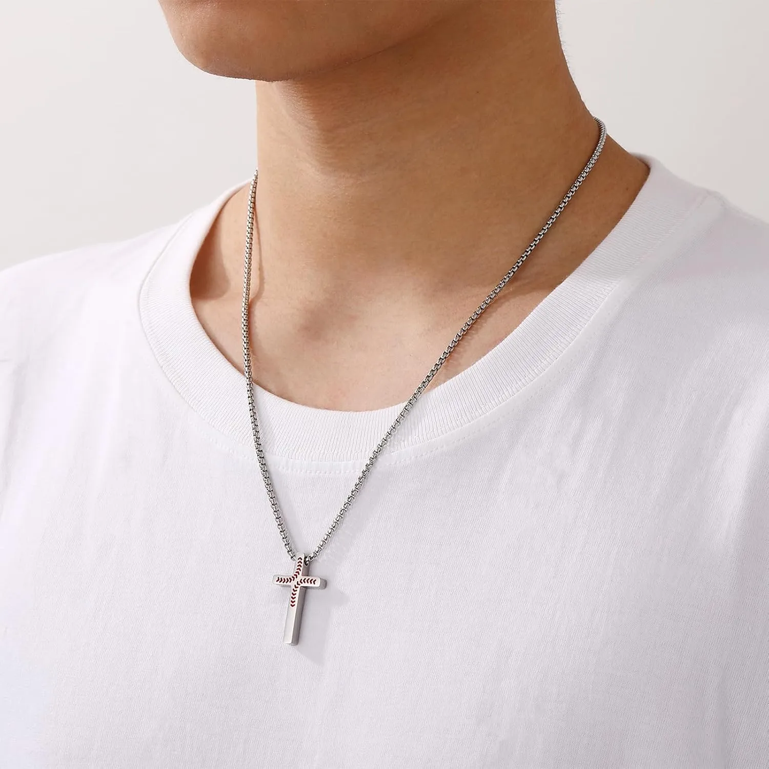 P. BLAKE Baseball Cross Necklace for Boys Men, Stainless Steel Cross Pendant Chain 16/18/20/22/24 Inches Baseball Accessories Valentines Day Christian Easter Birthday Jewelry Gifts