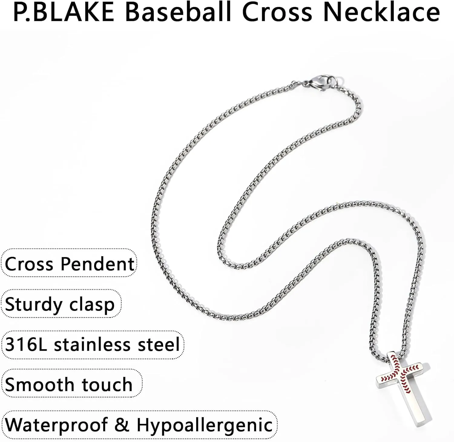 P. BLAKE Baseball Cross Necklace for Boys Men, Stainless Steel Cross Pendant Chain 16/18/20/22/24 Inches Baseball Accessories Valentines Day Christian Easter Birthday Jewelry Gifts