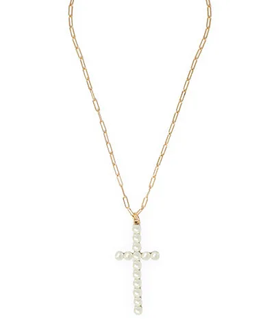 Pearl Cross Pendant Clip Chain Necklace