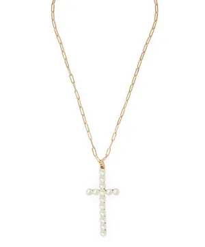 Pearl Cross Pendant Clip Chain Necklace