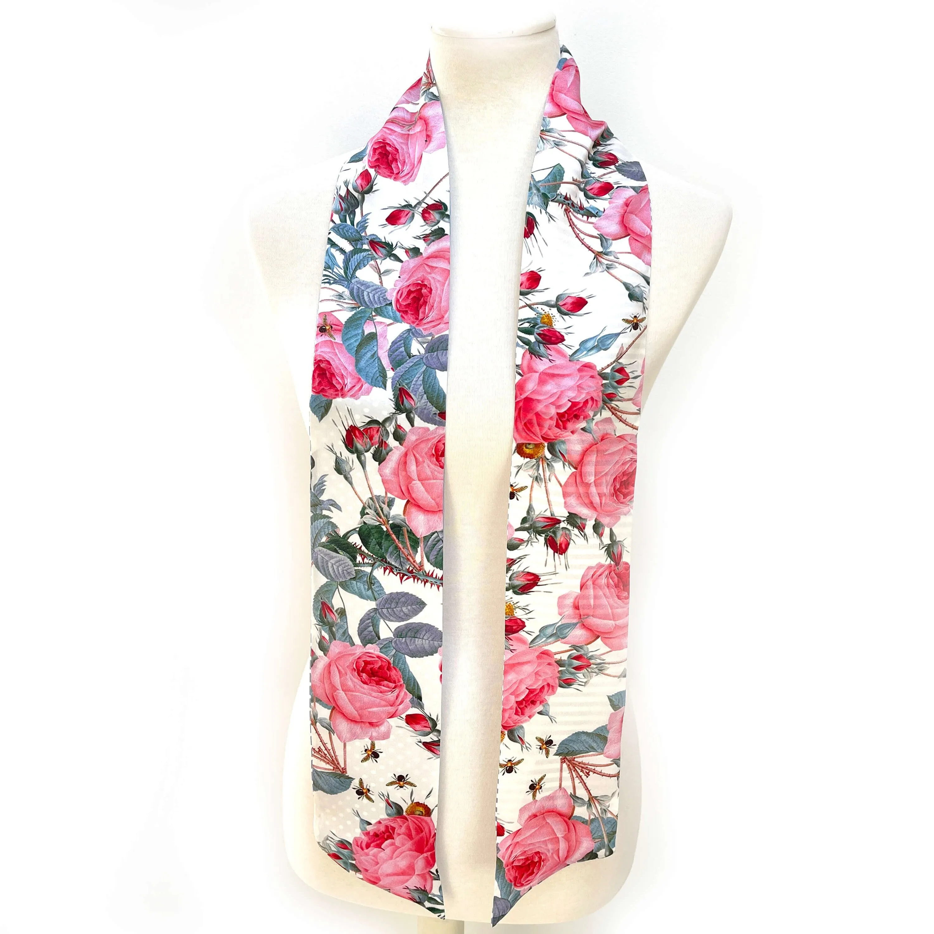 Pure Silk Scarf, Roses, Stripes and Dots Scarf, Hair Scarf, Neck Scarf, Headband, Designer Scarf, 100% Pure Silk