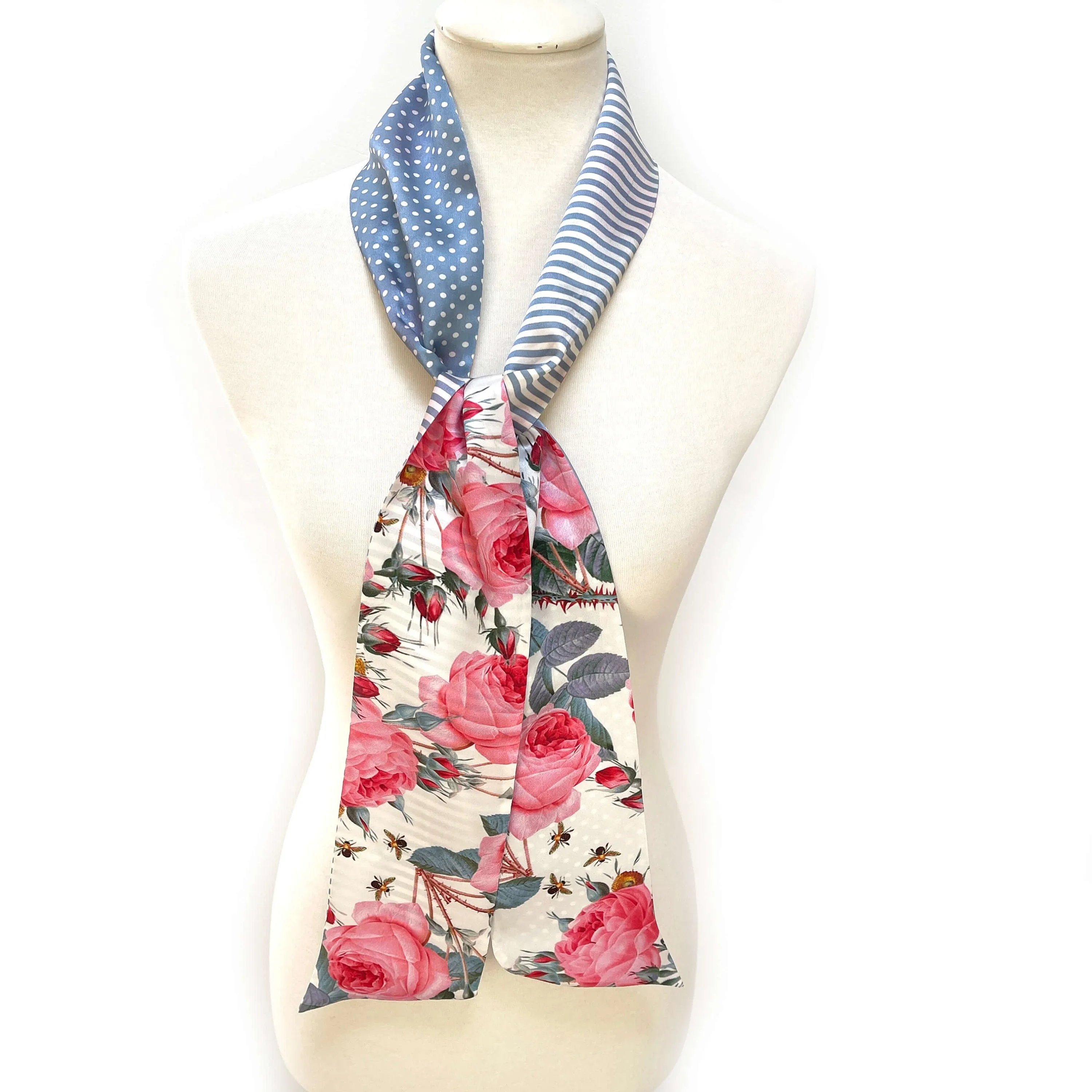Pure Silk Scarf, Roses, Stripes and Dots Scarf, Hair Scarf, Neck Scarf, Headband, Designer Scarf, 100% Pure Silk