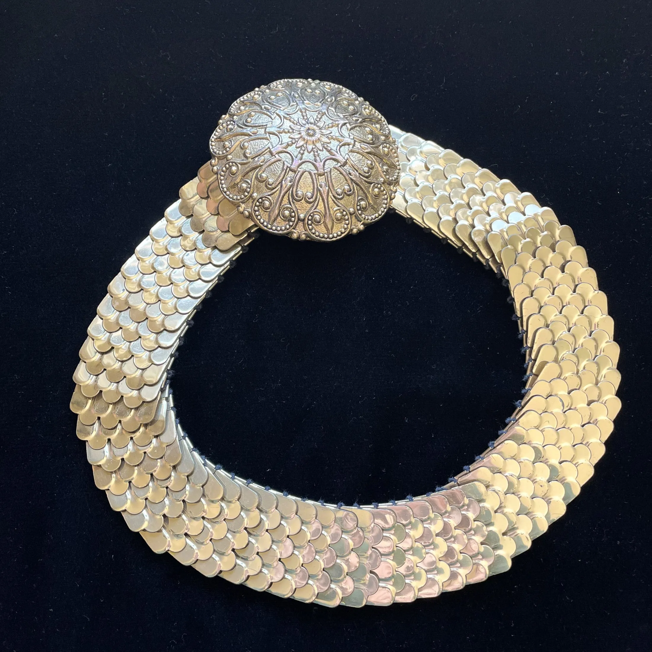 Saks Fifth Ave/Stanger Vintage Fish Scale Expanding Belt, 4" Statement Buckle