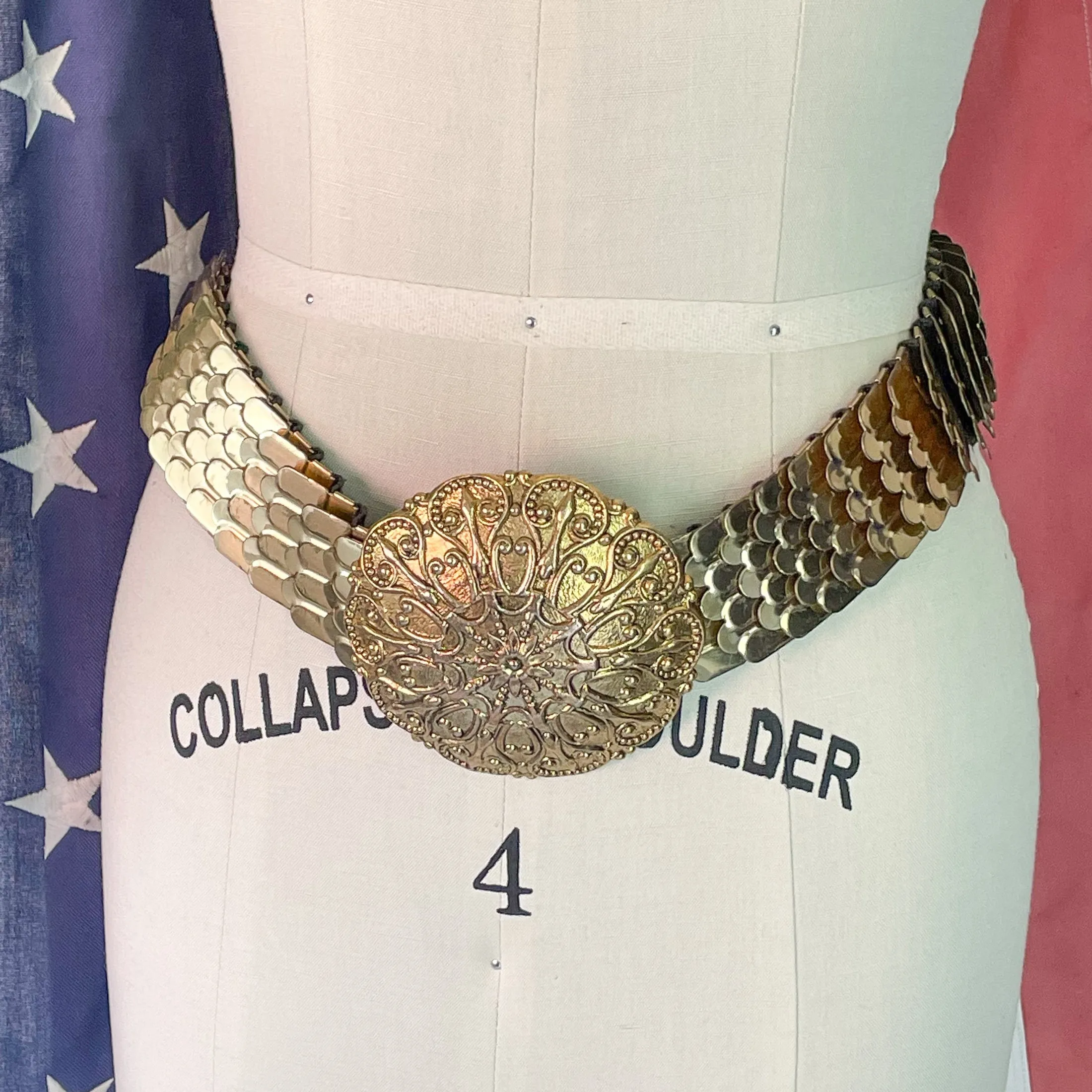Saks Fifth Ave/Stanger Vintage Fish Scale Expanding Belt, 4" Statement Buckle