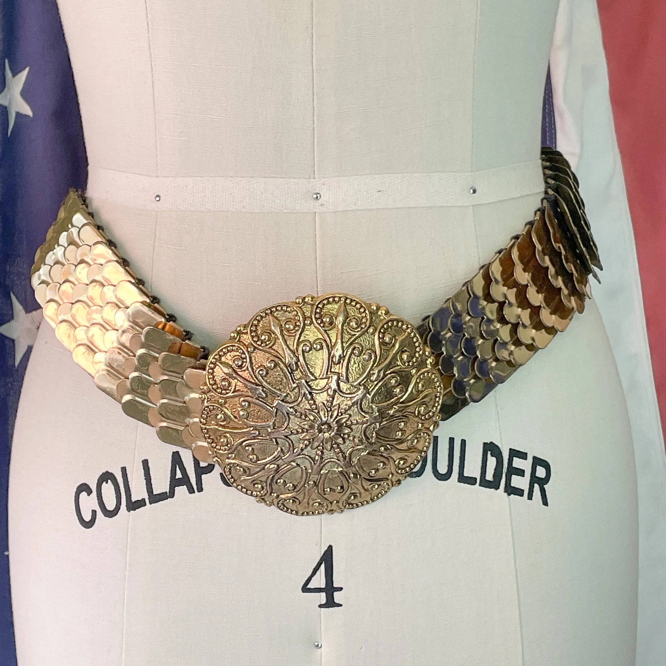 Saks Fifth Ave/Stanger Vintage Fish Scale Expanding Belt, 4" Statement Buckle