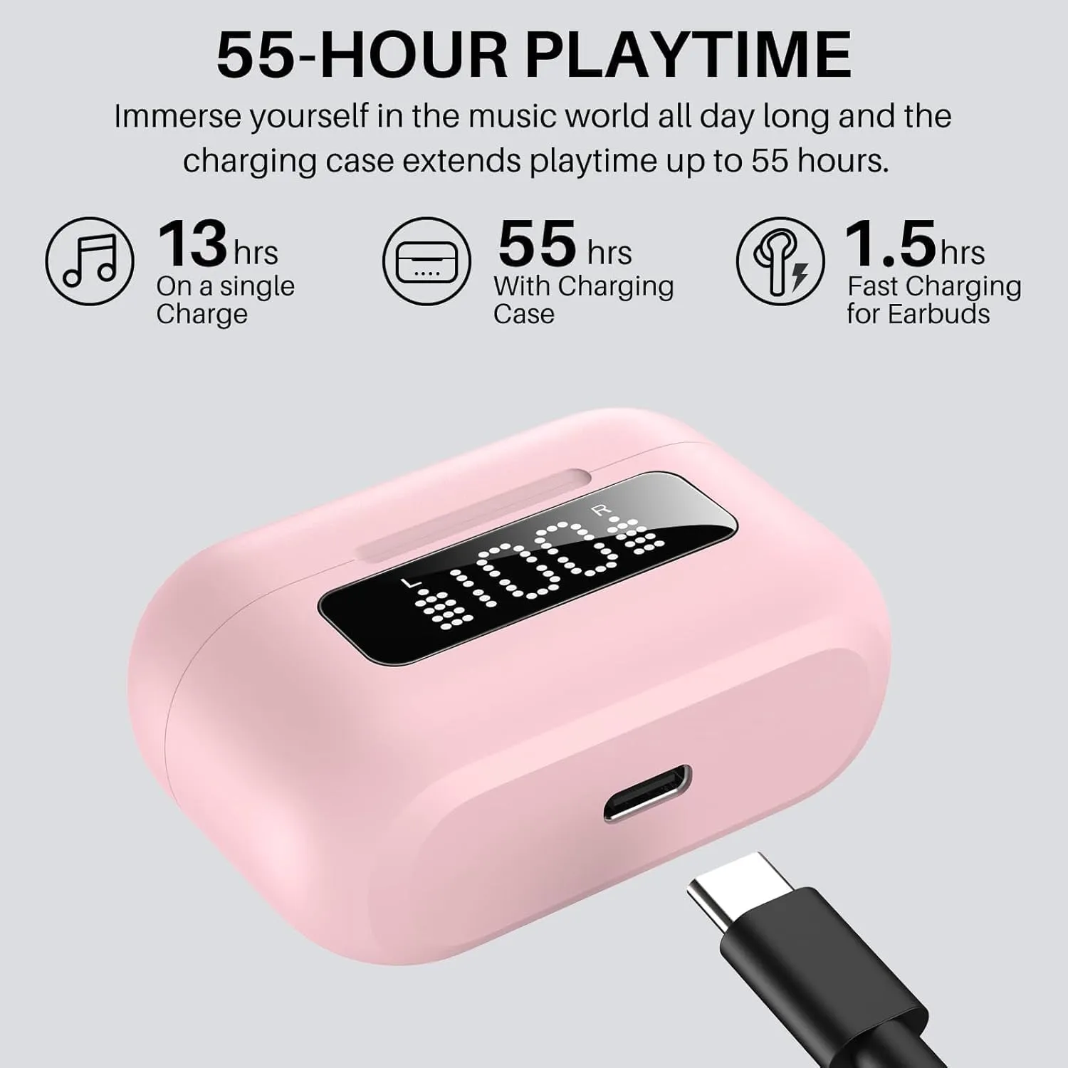 TOZO Hybrid Active Noise Cancelling Wireless Earbuds with 6 Mics AI Clear Call Ear Buds 55H Playtime with LED Display 32 Preset EQs via APP Bluetooth 5.3 IPX8 Waterproof in Ear Headphones