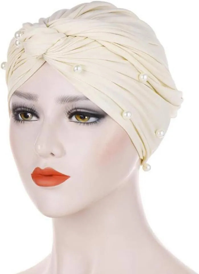Turban for Women's Hair Pre-Tied Bonnet Beanie Cap Elastic Stretchy Headband Solid Color Pearls Hair Wrap Cap