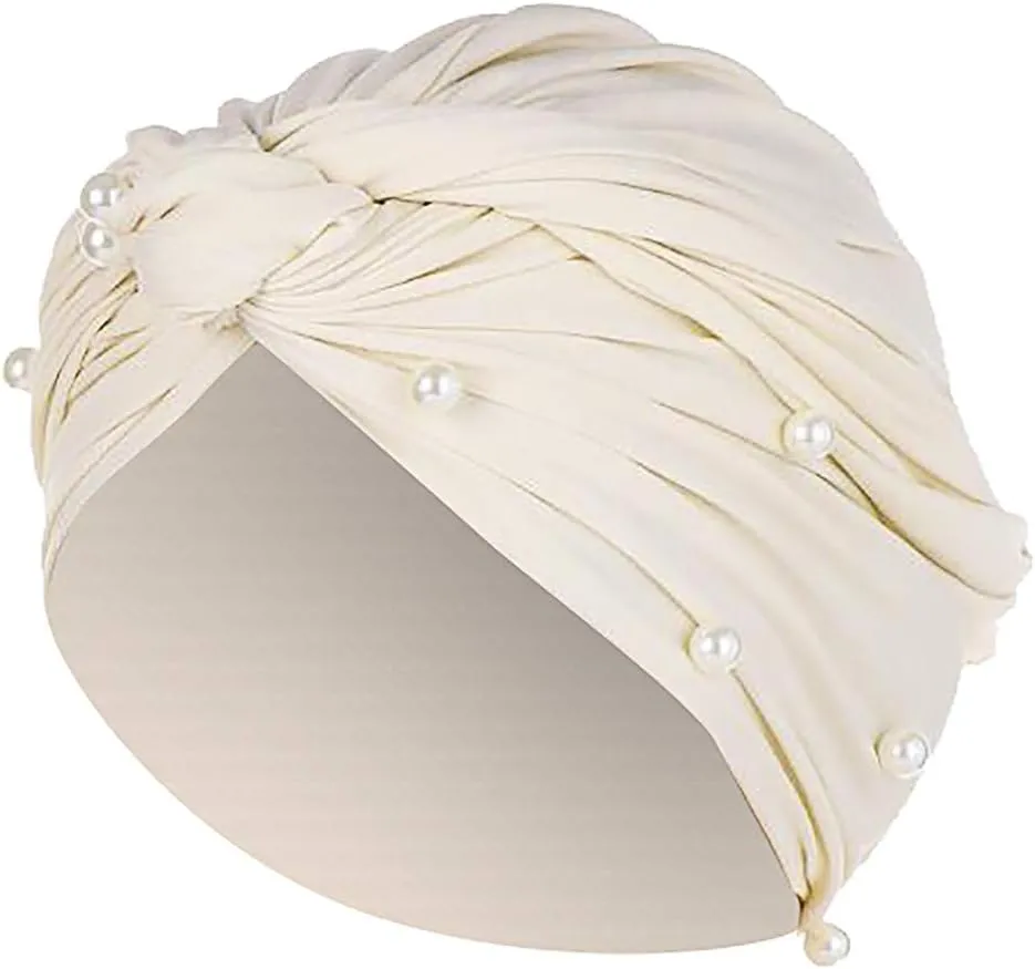 Turban for Women's Hair Pre-Tied Bonnet Beanie Cap Elastic Stretchy Headband Solid Color Pearls Hair Wrap Cap