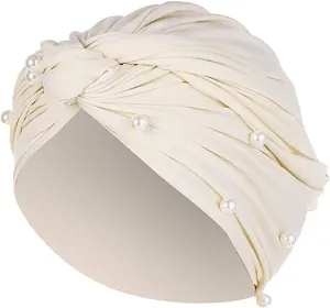 Turban for Women's Hair Pre-Tied Bonnet Beanie Cap Elastic Stretchy Headband Solid Color Pearls Hair Wrap Cap