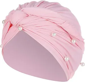 Turban for Women's Hair Pre-Tied Bonnet Beanie Cap Elastic Stretchy Headband Solid Color Pearls Hair Wrap Cap