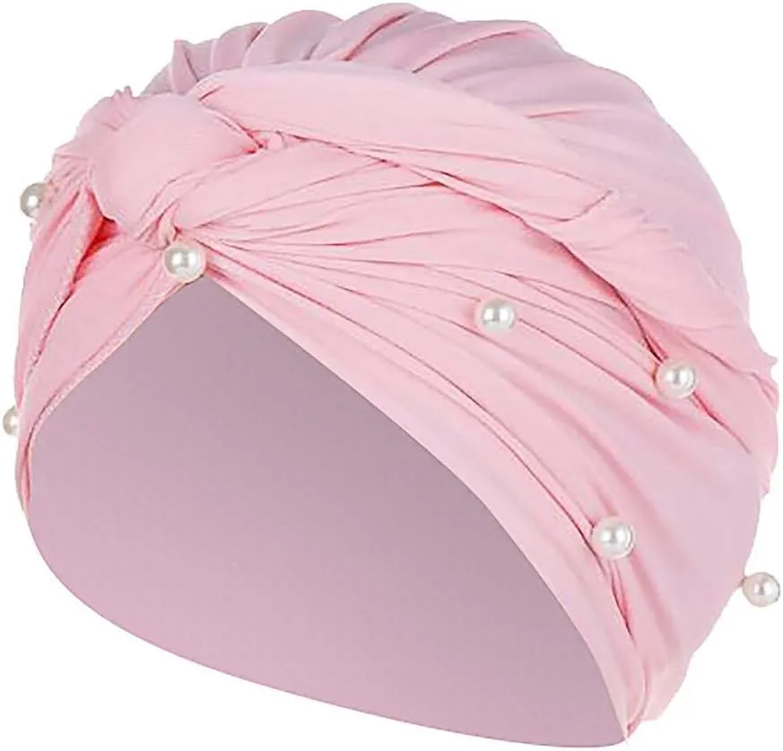 Turban for Women's Hair Pre-Tied Bonnet Beanie Cap Elastic Stretchy Headband Solid Color Pearls Hair Wrap Cap