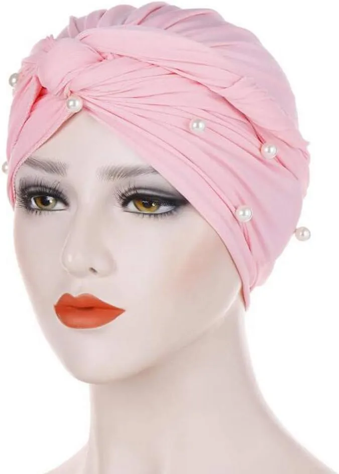 Turban for Women's Hair Pre-Tied Bonnet Beanie Cap Elastic Stretchy Headband Solid Color Pearls Hair Wrap Cap