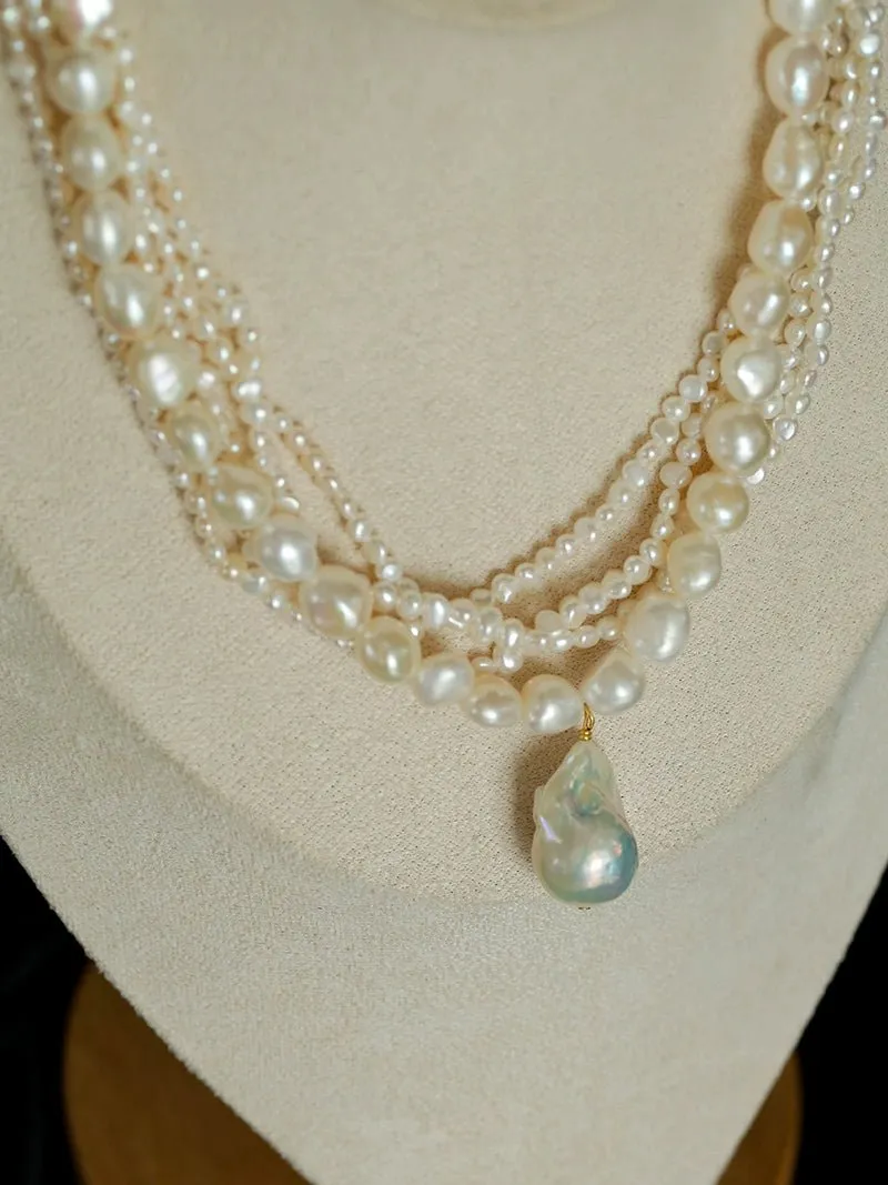 Vintage French Natural Pearl Baroque Multi-layer Necklace