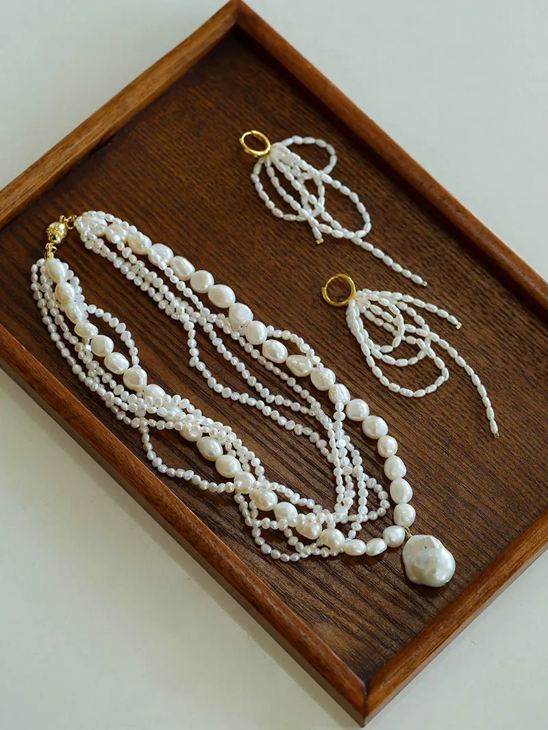 Vintage French Natural Pearl Baroque Multi-layer Necklace