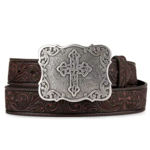 Womens Floral Tooled Leather Belt with Cross Buckle - Dark Brown