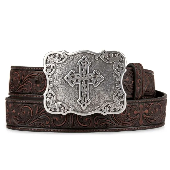 Womens Floral Tooled Leather Belt with Cross Buckle - Dark Brown
